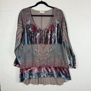 Whimsigoth Boho Velvet Burnout Tunic Top XL Blue Maroon‎ Baroque Paisley Print